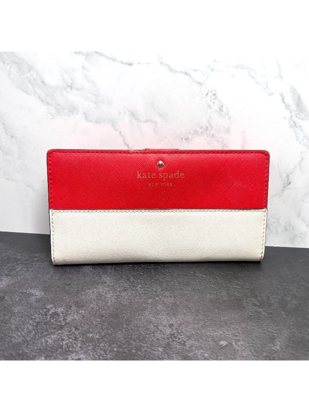 Kate Spade Red & Cream Leather Bi-Fold Wallet With Gold Hardware & Polka Dot Int